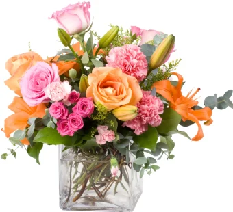 Candy Hearts Bouquet: Glass Cube Vase of Fresh Roses, Lilies, and Carnations. Candy Hearts Bouquet is a Perfect Gift for Valentine's Day, Birthday, and Anniversary- Arranged and Delivered by Country Charm Floral and Gifts. Order today for Same day delivery in LaPorte County and New Carlisle, IN.