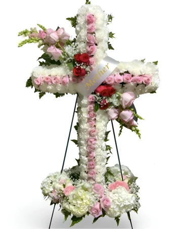 Large Floral Funeral Cross | Arranged with the Freshest Roses, Carnations & Hydrangeas | Meaningful Display for Service | LaPorte Funeral Florist Country Charm