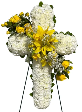 Our Faithful Sympathy Cross is a beautiful fresh flower display of compassion toward a loved one who has passed. A beautiful display of faith, this Faithful Sympathy Cross is fitting for funeral and memorial services and can be laid on a casket as you lay your loved one to rest. Local delivery in New Carlisle, Rolling Prairie, and LaPorte County, IN.