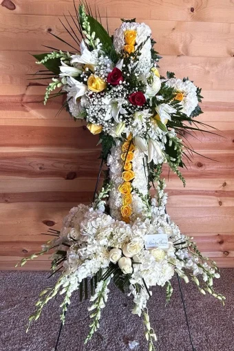 Faithful Farewell Funeral Cross hand made by florist at Country Charm Floral and Gifts. Local same day delivery to funeral homes in LaPorte County and New Carlisle, IN and New Buffalo and Three Oaks, MI.