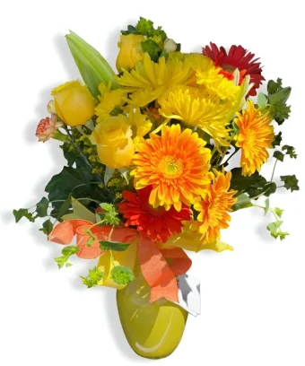 Heart of Gold | Vibrant Yellow, Orange, and Red Fresh-Cut Flowers including Gerbera Daisies, Roses, and Lilies for Birthday, Anniversary, and Meaningful Heartfelt Gift. $5 Local Delivery Daily in LaPorte, IN.