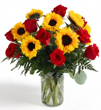Thinking of You Bouquet - Gifting this Beautiful Bouquet of Roses and Sunflowers is a Meaningful Way to let someone know they're on your Mind and in your Heart. Perfect for Birthdays, Anniversaries, Sympathy, or simply to brighten someone's day. Same Day Local Delivery 7 Days a Week to New Carlisle, Michigan City, and LaPorte, IN. Country Charm Florist, Rolling Prairie, IN.
