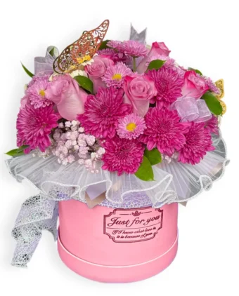 Order Hugs and Kisses Bouquet Today for the Perfect Valentine's Day Gift Box of Fresh Pink Flowers; Roses and Mums. Also a Great Gift to Wish Them a Happy Birthday or Anniversary! Same Day Flower Delivery to New Carlisle, Rolling Prairie, LaPorte County, IN.