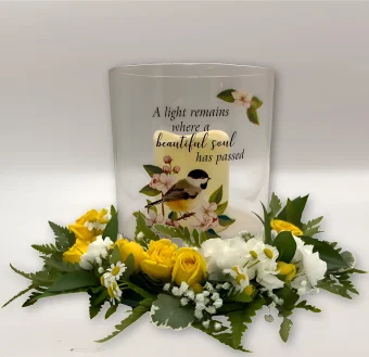 Beautiful Soul Hurricane | A Meaningful Keepsake Decorated with Fresh Flowers to Comfort Those Enduring Painful Loss | LED Candle in Hurricane Glass, Imprinted with Phrase "A light remains where a beautiful soul has passed" | LaPorte Florist with Same Day Delivery for Every Occasion.
