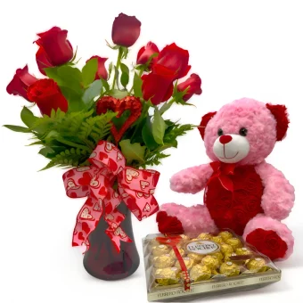 Dozen Rose Gift Bundle | All-in-One Valentine's Day Gift including a Vase of 12 Roses, Premium Chocolates, and Plush Rosy Teddy Bear. Have Your Valentine's Flowers and Gifts Delivered Locally throughout LaPorte County, Michigan City, Rolling Prairie, and New Carlisle, IN by your Local Florist Country Charm.