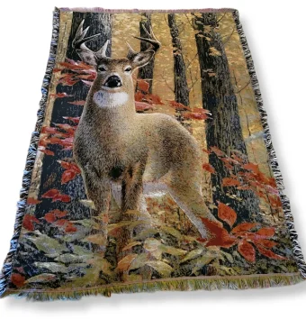Deer Tapestry Throw Blanket | Top Sympathy Gifts for Men and Outdoorsmen, This Blanket Embodies the Hunter/Outdoorsmen Spirit with a Buck Standing Strong in a Wooded Setting- Bringing Comfort to your Recipient During Hard Times | Same Day Delivery LaPorte, IN |