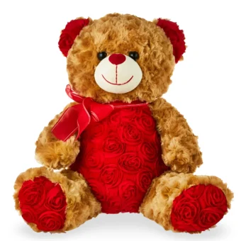 Red Rose Teddy Bear - Honey Brown Fur with Red Rose Belly, Ears, and Paws. A Perfect Addition to any Valentine's Day or Anniversary Gift! Local Delivery throughout LaPorte County and New Carlisle, IN by your Local Florist Shop Country Charm.