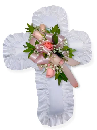 Casket Pillow Cross | Funeral Service Flower Arrangements and Elegant Casket Pillow Inserts; All White Satin Pillow with Ruffled Edges and topped with Fresh Flowers | LaPorte Florist Serving New Carlisle & LaPorte.