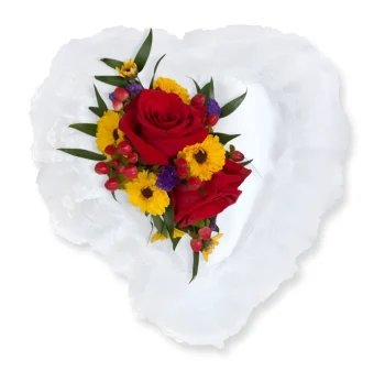 Casket Pillow Heart | Funeral Service Flower Arrangements and Elegant Casket Pillow Inserts; All White Satin Pillow with Ruffled Lace Edges and topped with Fresh Flowers | LaPorte Florist Serving New Carlisle & LaPorte.