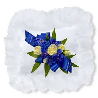 Casket Pillow Square | Funeral Service Flower Arrangements and Elegant Casket Pillow Inserts; All White Satin Pillow with Ruffled Lace Edges and topped with Fresh Flowers | LaPorte Florist Serving New Carlisle & LaPorte.
