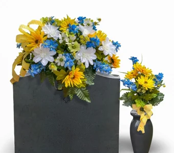 Cemetery Flower Set | Matching Set: Headstone Saddle and Vase Bouquet in Yellow, White, and Blue | Perfect for Spring, Memorial Day, Father's Day Gravesites.