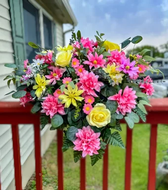 Colorful Cemetery Saddle | High Quality, Custom Headstone Topper with Yellow & Pink Flowers | Honor Your Loved One's Gravesite Today | LaPorte Sympathy Florist
