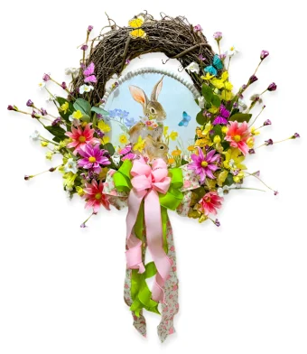 Easter Bunny Wreath | Cheerful Floral Wreath handmade specially for your Front Door | This gorgeous seasonal wreath on a grapevine base is decorated with Beautiful and Bright Artificial Flowers, adorable Rabbit Backdrop, and Colorful Butterflies | Order all Easter & Spring Flower Arrangements Delivered 7 Days a Week by Your Local Flower Shop in LaPorte County, IN.