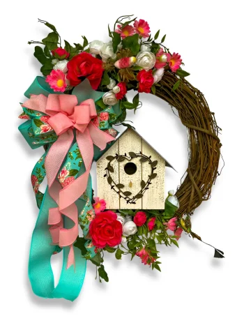 Grapevine Birdhouse Wreath | Cheerful Floral Wreath for Front Door with Flowers, Birdhouse & Hummingbirds | Perfect Summer Decor Local Delivery in LaPorte, IN.