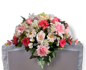 Pink Headstone Saddle | Beautiful Pink Artificial Flower Arrangement to Decorate a Loved One's Gravesite. Sturdy, High-Quality, and Weather-Resistant Headstone Saddles Handmade and Delivered 7 Days a Week. Local Florist Shop Near LaPorte County, IN Surrounding Areas.