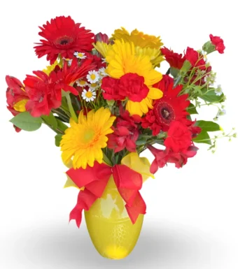 Sunshine and Daisies Bouquet | Perfectly Vibrant and Colorful Springtime Flowers, Fitting for Birthdays, Easter, Mother's Day, and more! Send Flowers 7 Days a Week with your Local Florist Country Charm Floral & Gifts- Delivering to New Carlisle and LaPorte County, IN.