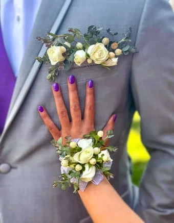 Wrist Corsage and Pocket Boutonniere | Perfectly Matching Floral Pair For Prom and Other Formal Events | Tailored to match your Attire and Complement your date, our Wrist Corsage and Pocket Boutonniere is your One-Stop-Shop to take care of your Prom Flowers! Local Delivery LaPorte Florist, Country Charm Floral and Gifts.