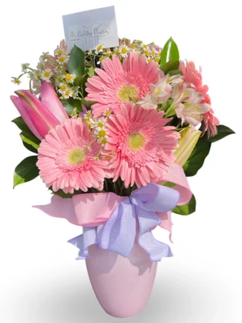 Blushing Birthday Bouquet | Light Pink Fresh Flower Arrangement of Daisies, Pink Lilies, Alstroemeria, and a Pink Glass Vase. The Best Flowers to Send for Birthdays, Anniversary, or even as a Tasteful Sympathy Bouquet. Same Day Flower Delivery 7 Days a Week to LaPorte County Homes and Businesses | Country Charm Florist, Rolling Prairie, IN.