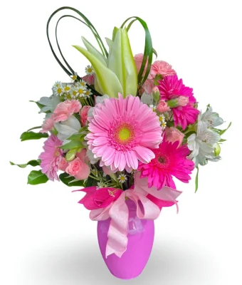 Pink Perfection | Perfect Gift for Mother's Day: Fresh Flower Arrangement of Light & Hot Pink Daisies, Lilies & Carnations | Local Flower Delivery LaPorte, IN.