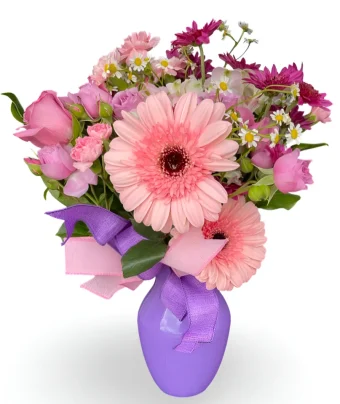 Plum Perfect Bouquet | Vibrant Fresh Pink Flowers Arranged in a Plum Purple Vase | Best Selling Mother's Day Gift | Local Florist Open Daily in LaPorte, IN