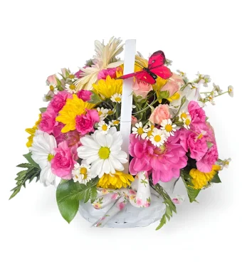 NEW Butterfly Kisses flower basket, hand arranged with the freshest flowers here at Country Charm Floral and Gifts in Rolling Prairie, IN. Butterfly Kisses makes the perfect Birthday or Anniversary Gift for your Wife, Mother, Girlfriend, or Loved One! Same Day Delivery 7 Days a Week- that includes Sundays! Local Delivery Available Throughout New Carlisle, Rolling Prairie, Michigan City, Westville, and La Porte County, IN. Top Local Florist Shop in Northwest Indiana Delivering 7 Days a Week to Homes and Businesses Quickly!