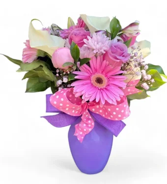 Beautifully Bold Bouquet | Fresh, Vibrant Pink & Purple Roses, Daisies and Calla Lilies in Eye-Catching Purple Vase | Make Someone's Day Today in LaPorte, IN.