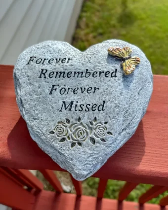 Forever Missed Garden Stone | Comforting Memorial Stone for Garden or Patio, in Remembrance of a Lost Loved One. It Reads "Forever Remembered, Forever Missed" with Dimensional Butterfly and Flower Motif. Perfect Sympathy Gifts Delivered to LaPorte, IN 7 Days a Week by your Skilled, Local Funeral Florist Country Charm Floral and Gifts.