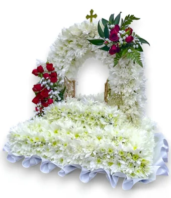 Gates of Heaven Tribute | A Rare, Stunning, Symbolic Floral Display Depicting the Transition to Heaven | Skilled LaPorte County Funeral Florist Local Delivery.