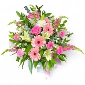 Loving Tribute | XL Fresh Flower Display of Vibrant Pink & White Roses, Lilies & Daisies | Only the Best Quality Funeral/Memorial Flowers in LaPorte, Indiana.