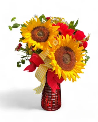 Sunshine Bouquet | Fresh Sunflowers, Roses & Daisies in a Red Vase. Perfect Birthday or Anniversary Flowers. Most Reliable Flower Delivery in LaPorte, Indiana.