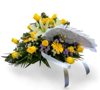 Angel Wings Casket Spray | Stunning Angelic Fresh Flower Display for any Funeral Service and Celebration of Life | LaPorte, IN Funeral Florist Delivering Daily.