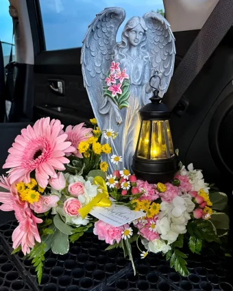 Solar Light Angel Memorial | A perfect memorial gift and keepsake, this angel statue holds a solar lantern. Fitting for Gardens, Patios, and even Gravesites, this Angel Memorial with a solar light lantern makes the perfect sympathy gift for anyone! LaPorte, Indiana Flower and Gift Delivery 7 Days a Week.