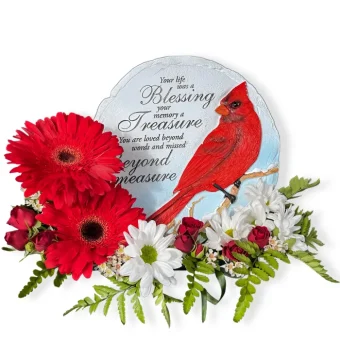 This beautiful Cardinal Sympathy Gift serves as a tasteful garden stone or meaningful wall plaque. Send this Cardinal Stone, presented with the freshest, premium flowers, to convey your heartfelt condolences to those grieving. Send Sympathy Keepsakes and Gifts with the Freshest Flowers to LaPorte County, Indiana and Berrien County, Michigan 7 Days a Week with Country Charm Florist.