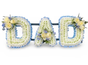 Dad Funeral Flower Letters: Pay Tribute to a Wonderful Dad/Father/Man with our Dad Funeral Flower Letters. This beautiful fresh floral tribute proudly spells "DAD" and is arranged with only premium, fresh-cut flowers. Optionally display this tribute lying flat, or upright with our optional support stands. Order this statement piece for any Funeral Service or Visitation 7 days a Week throughout LaPorte County, Indiana and New Buffalo, Michigan.