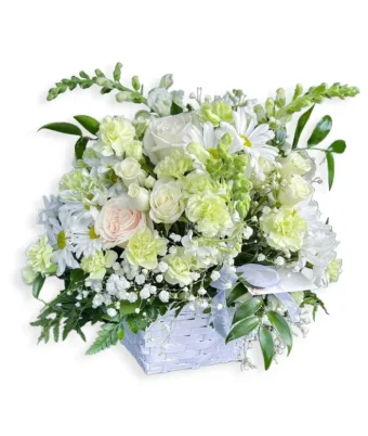 Send our stunning Fresh White Sympathy Basket of premium, fresh-cut Roses, Carnations, Chrysanthemums, and assorted tasteful blooms, arranged beautifully in a white wicker basket. This is a tasteful arrangement meant to pay respect and send condolences to the grieving family, and a popular choice when sending flowers to a funeral home or visitation in LaPorte County, Indiana. Enjoy our Fast, Affordable Delivery 7 Days a Week with Country Charm.