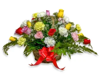 Send a Warm Wishes Basket as a message of your sympathy and condolences, with the freshest assortment of roses and carnations in a variety of warm colors. Your recipient will surely feel the comfort and warmth delivered to them in this tasteful floral basket arrangement. Same Day Delivery 7 Days a week to LaPorte County and New Carlisle, Indiana and New Buffalo and Three Oaks, Michigan.