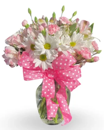 Mumma-Mia! This bright, fresh bouquet includes: A beautiful assortment of Daisy Mums & Alstroemeria arranged beautifully in shades of Pink, Purple, and White with matching hand-tied ribbon around the glass vase. This makes a wonderful gift for showing your love, appreciation, and letting someone know you're thinking about them. Make someone feel special today at work or at home, and we will deliver it promptly the same day, ensuring your gift makes your recipients day (and others jealous). Same Day Delivery 7 Days a week to New Buffalo, Michigan and LaPorte County, Indiana. Country Charm Floral and Gifts, Rolling Prairie, Indiana Top Florist Shop.
