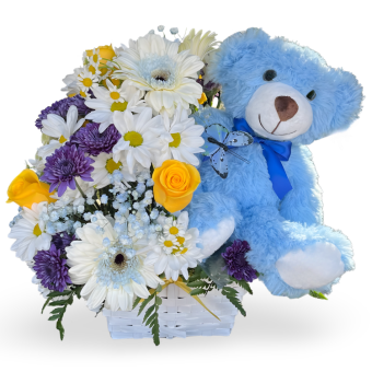 New Baby Gift Basket: A Gorgeous, Premium Fresh Flower Arrangement in a tasteful gift basket, paired with an adorable plush teddy bear (choose between blue or pink) to welcome a New Baby and Congratulate a Mother during such a special time! Send this New Baby Gift Basket of Flowers and Teddy to Local Hospitals, Homes, Work, or anywhere in LaPorte, Indiana and New Buffalo, Michigan 7 Days a Week. Country Charm Floral and Gifts, your local, reliable florist you can always trust.