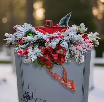 Red Truck Winter Saddle | The Popular Little Red Truck, Snowy Pine, Decorative Pinecones and Ornaments, and a Large Gorgeous Bow to Decorate a Loved One's Headstone Beautifully this Holiday Season | LaPorte, Indiana Florist Delivering the Best Flower Arrangements and Floral Decor throughout Northwest Indiana and Southwest Michigan 7 Days a Week | Country Charm Floral and Gifts, Rolling Prairie, IN Local Flower Delivery.