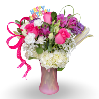 This Birthday Girl Bouquet is a large, bountiful vase full of colorful, fresh-cut flowers that will make your recipient's birthday extra special. We've specially arranged a beautiful, feminine color combination of fresh, premium flowers, typically including a variety of Lilies, Roses, Carnations, Mums, Hydrangea, and Alstroemeria with kisses of Baby's-Breath and Fresh Greenery in a large vase. Best Florist Delivering to LaPorte County, Indiana Daily- Country Charm Floral and Gifts.