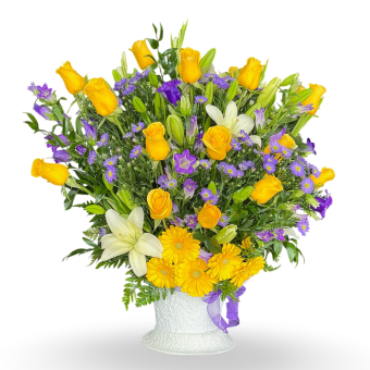 Our Forever Cherished Floral Basket is a fitting fresh flower basket arrangement, meant as a respectful and thoughtful gift to a grieving family. This tasteful urn-style sympathy basket is quite large and delicately arranged with premium fresh-cut Yellow, Purple, and White Lilies and Roses. Send this to any memorial service, funeral home, or a family's home throughout LaPorte County, Indiana Areas.
