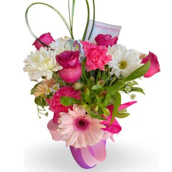 Say I Love You More with a gorgeous Fresh Flower Bouquet of Pink and Red Roses, Carnations, and Daisies in a Vibrant Pink Vase. This Romantic-Colored Flower Combination makes for the Perfect for Anniversary Bouquet, as well as Meaningful Flowers for Birthdays and Saying I'm Thinking of You. Send the Best Flowers to LaPorte County and New Carlisle, Indiana 7 Days a Week. Fast, Affordable, and Friendly Best Florist Shop in LaPorte, IN.