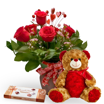 Valentine's Gift Bundle | 1/2 Dozen Fresh Roses, Premium Chocolates, and Plush Valentine's Day Teddy Bear | Easy, Affordable Gift Set for Her this Valentine's Day that She Will Love! Local Florist Shop with Same Day Delivery 7 Days a Week to Michigan City, New Carlisle, Rolling Prairie, and LaPorte, Indiana | Country Charm Floral and Gifts; the best local florist for any occasion.