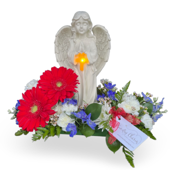 Angel Statue with Solar Cross | A meaningful and everlasting tribute and tasteful garden or home decor. This praying angel statue with a solar-powered cross serves as a touching memorial keepsake or a sympathy gift for those grieving the loss of a loved one. During the day, it absorbs sunlight, and at night, the softly glowing cross creates a warm, comforting light—symbolizing eternal love, faith, and remembrance. LaPorte, Indiana Florist Delivering Locally 7 Days a week to homes, funeral services, and businesses.