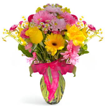 Best Birthday Bouquet | Assorted, Fresh and Vibrant Yellow and Pink Seasonal Flowers meant to make your loved one's day extra special. This bright and beautiful arrangement will surely be a statement piece in any room. Country Charm is your local florist, hand-delivering arrangements 7 days a week to local addresses in LaPorte, Indiana and New Carlisle, Indiana 7 Days a Week.