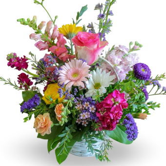 Country Charm Flower Basket: A fresh flower arrangement filled with assorted seasonal vibrant flowers. Perfect to send as a meaningful sympathy or comforting gift or send to a loved one or any occasion you find fitting. The vibrant assortment of fresh blooms makes for an uplifting Easter, Spring, or Mother's Day Arrangement/Gift. This perfectly sized basket and tasteful color combination truly makes it a statement piece- no matter the occasion. Same day delivery to homes, businesses, hospitals, and funeral homes/memorial services throughout New Carlisle and LaPorte County, Indiana along with Three Oaks and New Buffalo, Michigan 7 Days a week.