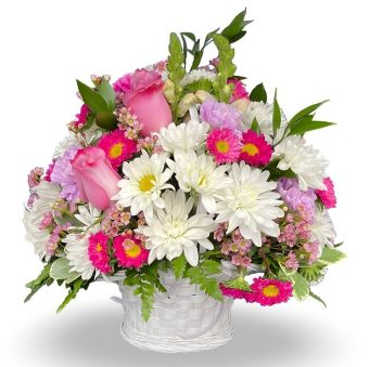 Feminine Floral Basket: A fresh flower basket of premium pink and white flowers. The pink Roses and Asters pair beautifully with white Mums, Daisies, and Hydrangeas, along with fresh greenery. This Feminine Floral Basket is fitting for Mother's Day Gifts, Anniversary Flowers, and especially Sympathy Floral Baskets/Condolence flowers to send to a Funeral Home to show your respects.