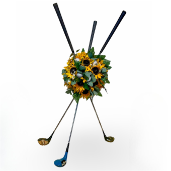 Golfer Memorial Arrangement | Honor the Memory of a Passionate Golfer | 3 Golf Clubs Standing Upright, with a Tasteful Floral Display, Accented with Golf Balls. LaPorte, Indiana Funeral Florist providing fast, reliable arrangements delivered 7 days a week to funeral homes, churches, and homes 7 days a week- to LaPorte County, Indiana and New Buffalo, Michigan.