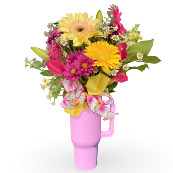 Bubblegum Pink Feminine Tumbler Cup Bouquet- 40 oz Hot/Cold Tumbler filled with a vibrant, beautiful fresh flower bouquet in a vibrant and popular reusable Cup! This is a perfect gift to send for any occasion. From Birthday Bouquets to Congratulations Gifts, this Stanley Tumbler Dupe is an affordable and personalized gift to send! LaPorte, IN Flower Delivery Daily.