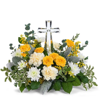 Crystal Cross Arrangement | A Large, Standing Crystal Cross is Displayed Amongst a Gorgeous, Premium Quality Fresh Flower Arrangement | Perfect Flowers to Send to a Funeral Service, Celebration of Life, or Visitation- Leaving your Recipient with a Beautiful, Lasting Crystal Cross Keepsake as a Reminder of a Lost Loved One. Same Day Delivery to LaPorte County, Indiana.
